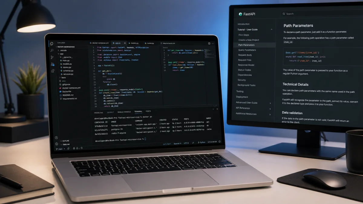 Portátil reacondicionado con 16 GB de RAM mostrando VS Code y terminal Docker en escritorio de desarrollador tech minimalista