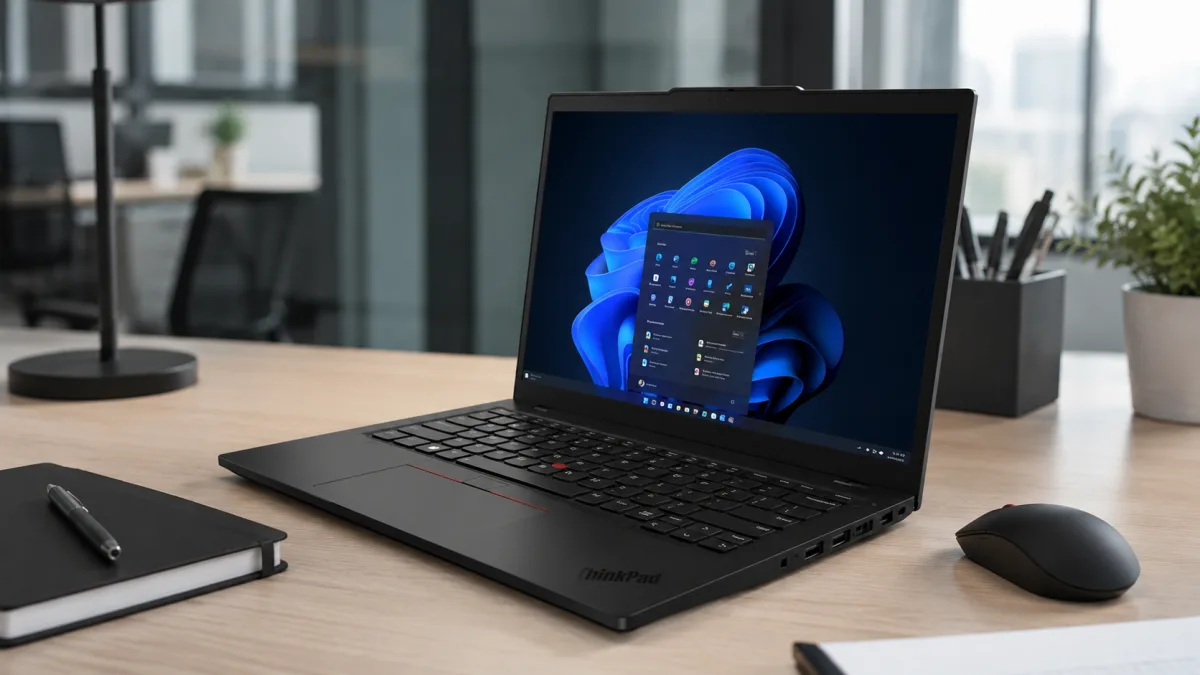 Portátil reacondicionado de empresa ThinkPad sobre mesa de oficina profesional, teclado y trackpoint visibles