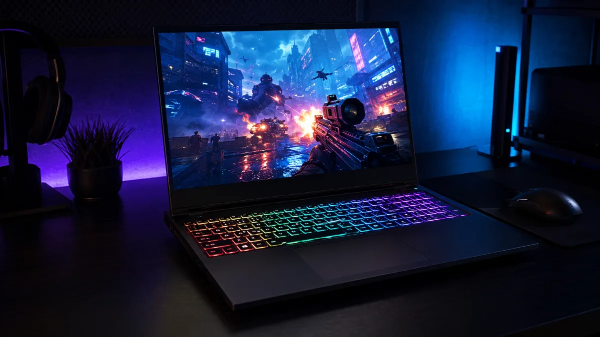Portátil gaming reacondicionado con teclado RGB iluminado mostrando juego en pantalla, habitación oscura
