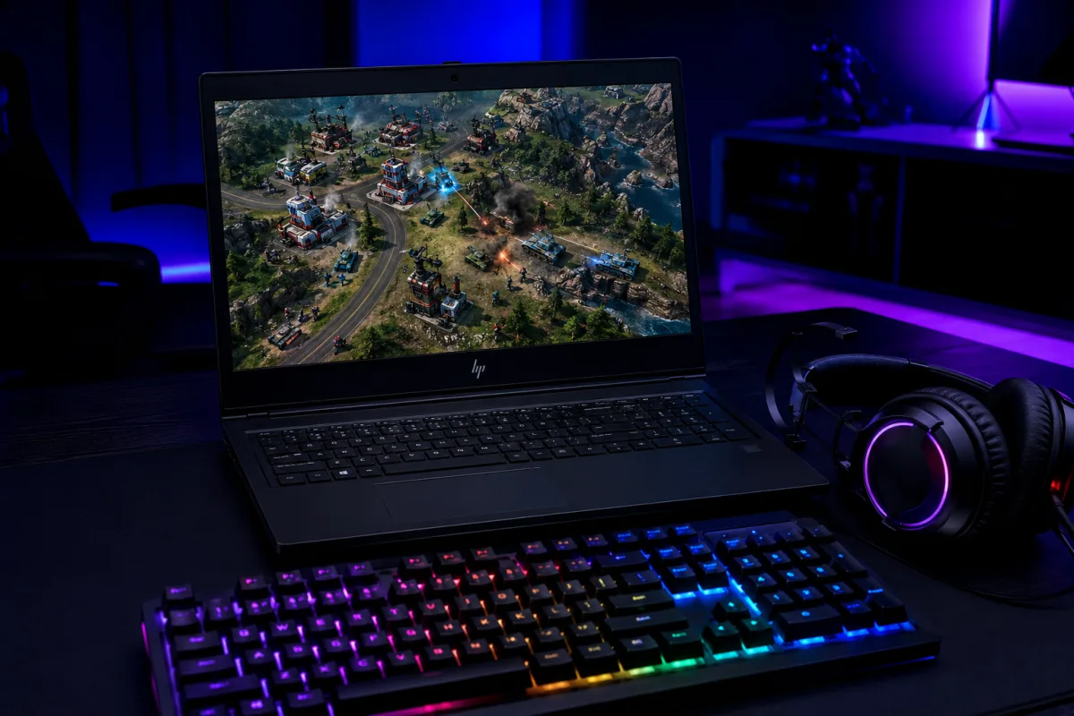 Portátil reacondicionado con gráfica NVIDIA sobre mesa gaming con teclado RGB y auriculares, pantalla con videojuego de estrategia