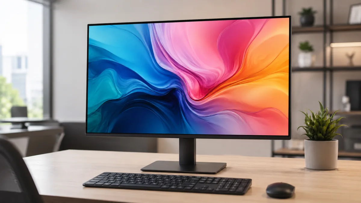 Monitor reacondicionado de 24 pulgadas sobre escritorio de oficina moderno, pantalla encendida