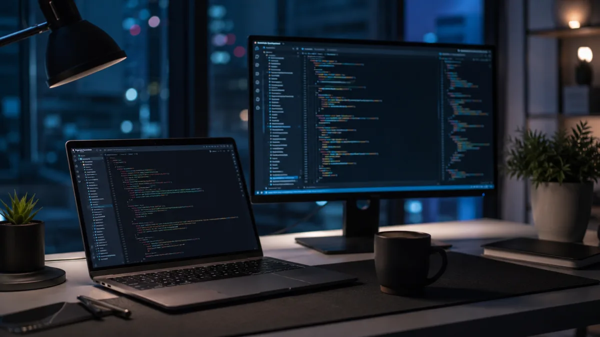 Portátil reacondicionado para programar mostrando código en pantalla junto a un monitor externo, ambiente nocturno
