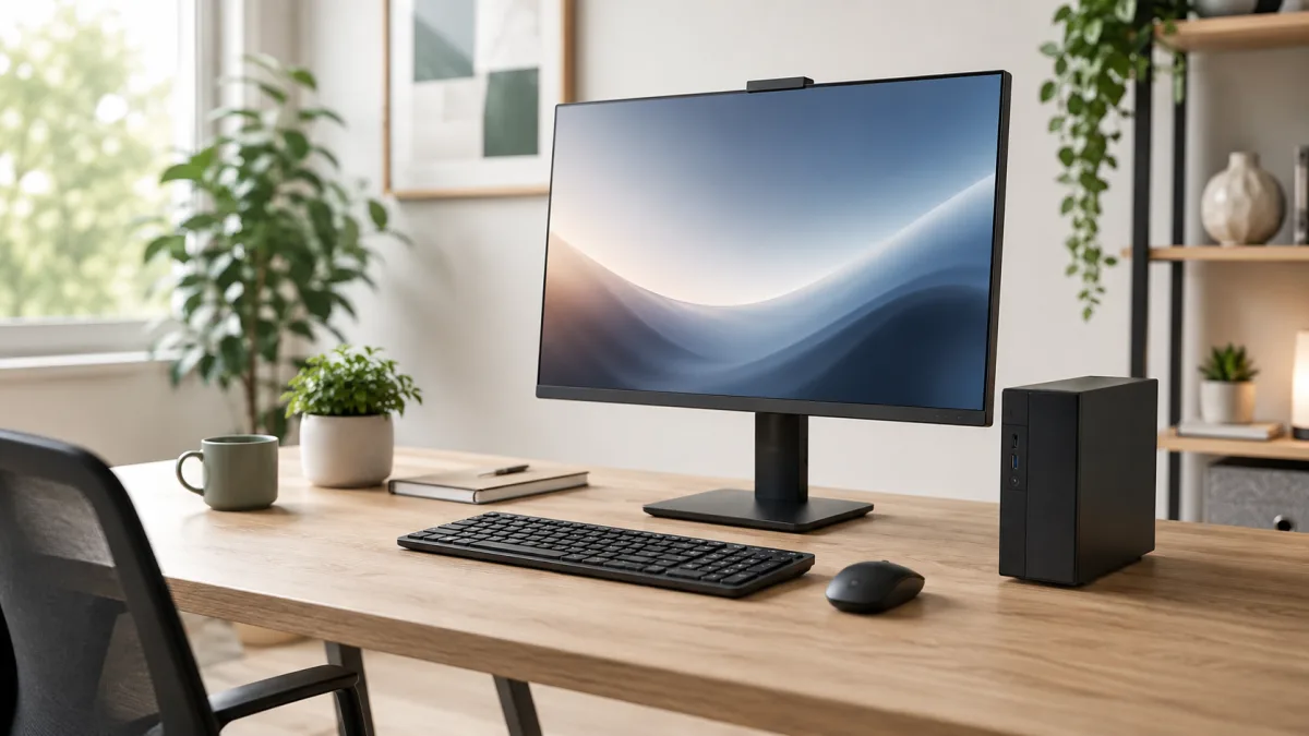 Ordenador de sobremesa reacondicionado compacto junto a un monitor en un puesto de oficina en casa