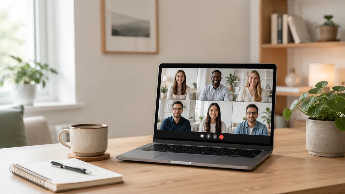 Escritorio de teletrabajo en casa con un portátil reacondicionado profesional abierto en una videollamada