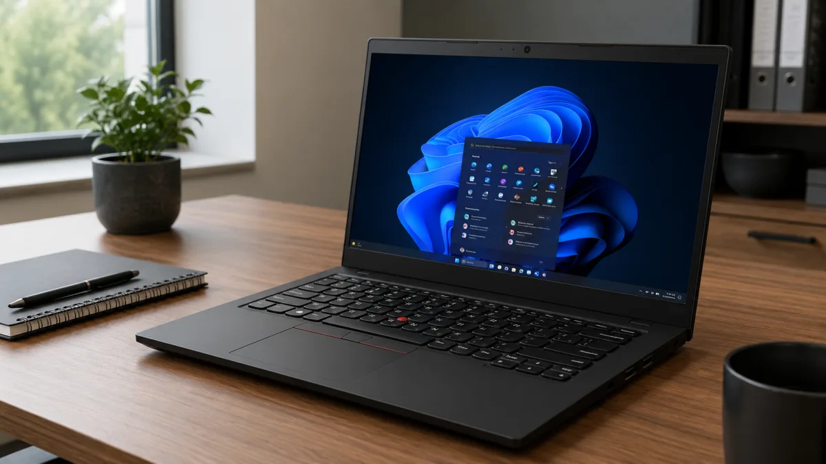 Portátil profesional negro tipo ThinkPad reacondicionado abierto sobre escritorio de madera