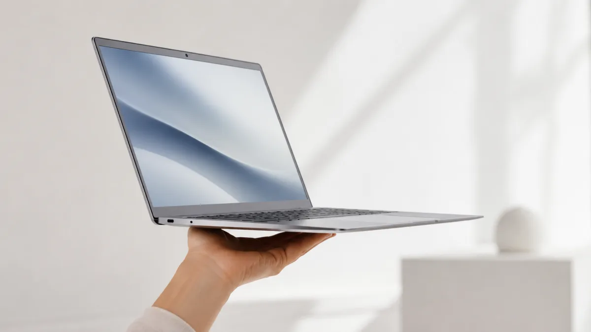 Ultrabook reacondicionado ultrafino y ligero sostenido en una mano, fondo claro minimalista