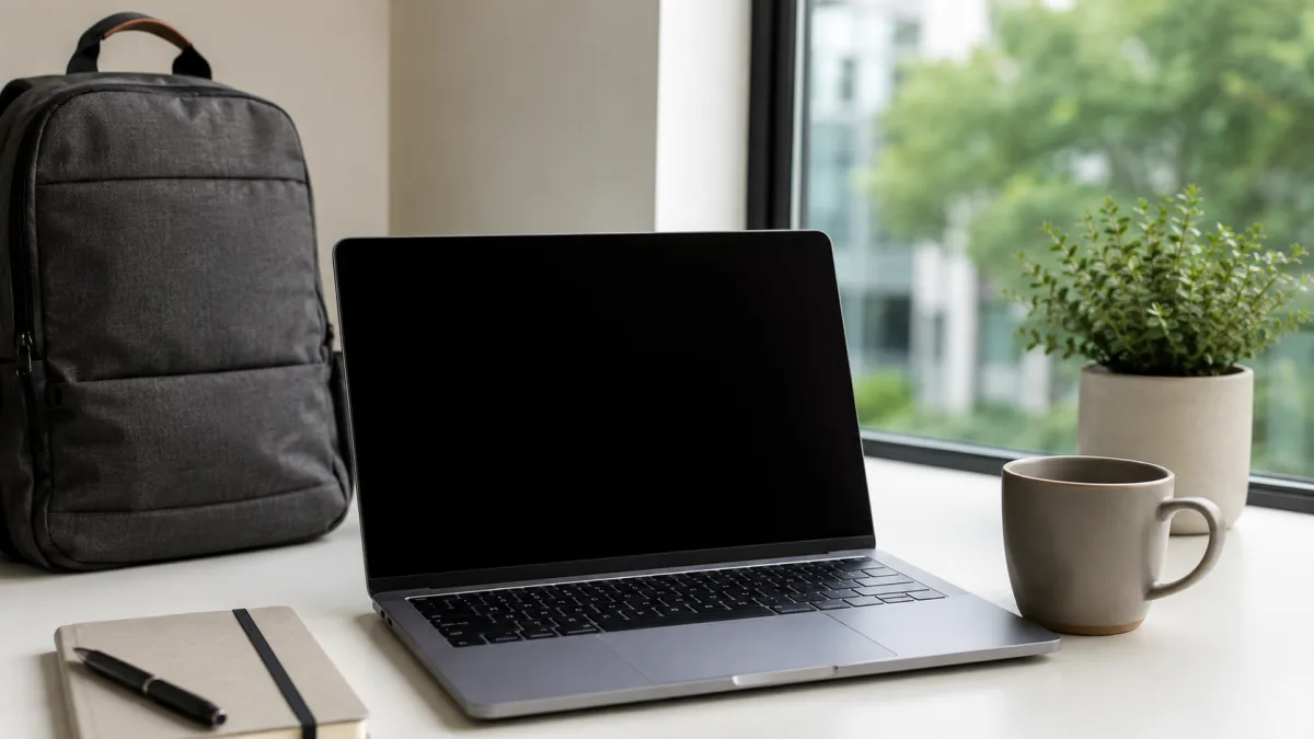 Portátil reacondicionado de 14 pulgadas abierto sobre escritorio moderno junto a una mochila