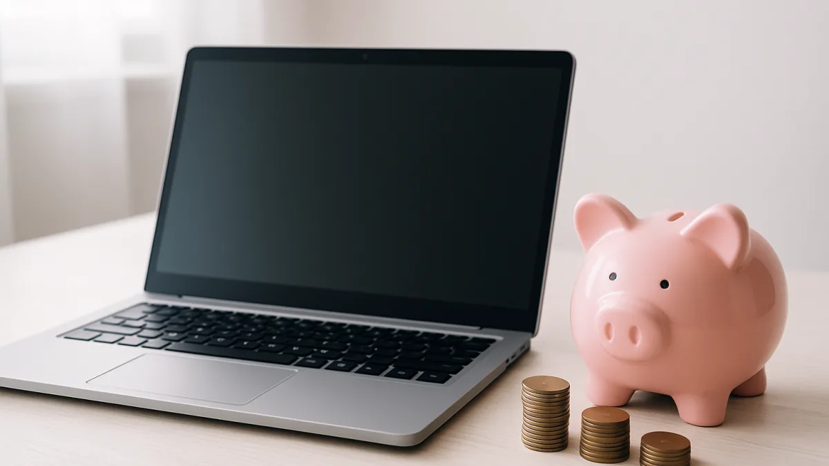 Portátil reacondicionado junto a una hucha y monedas — concepto de precio y ahorro