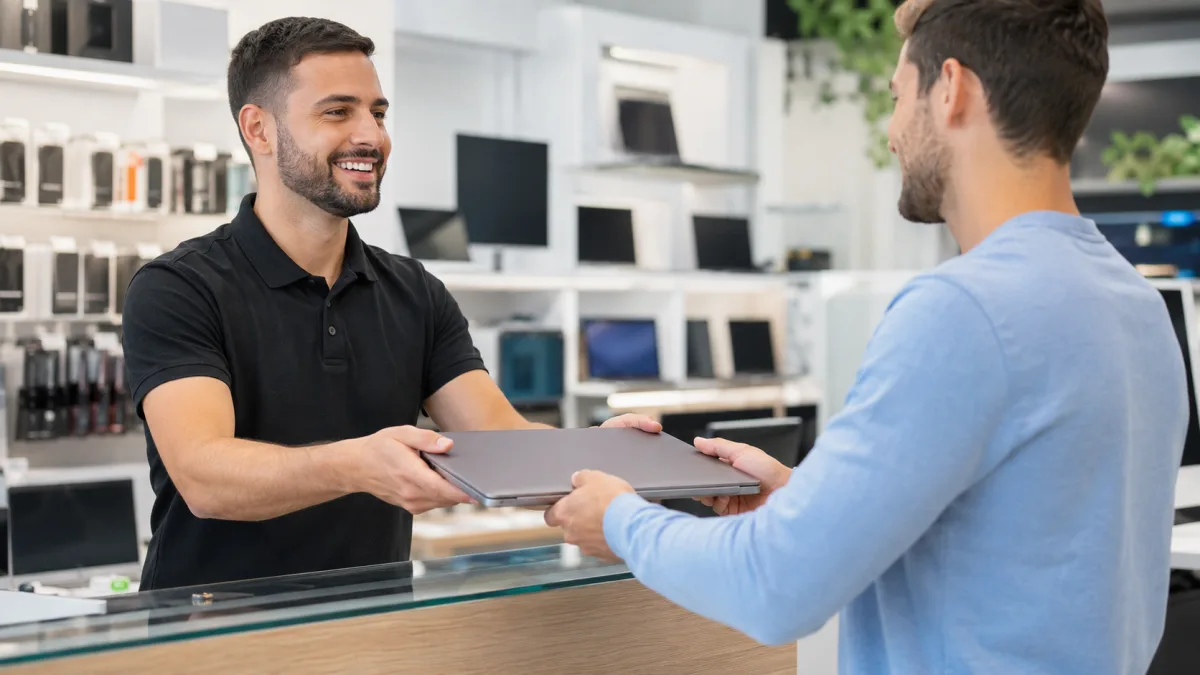 Técnico entregando un portátil reacondicionado revisado con garantía a un cliente en tienda