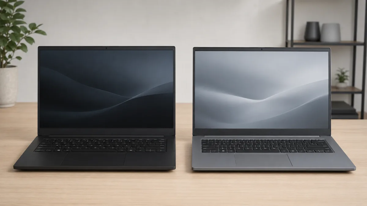 Dos portátiles reacondicionados i5 e i7 comparados lado a lado sobre escritorio de madera