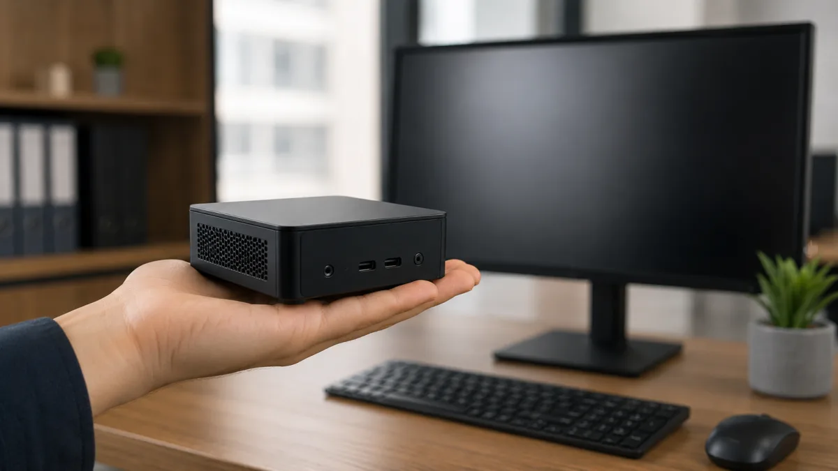 Mini PC reacondicionado compacto sostenido en una mano frente a un monitor de oficina