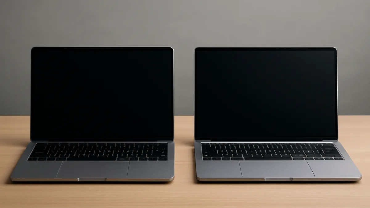 Dos portátiles profesionales comparados lado a lado sobre una mesa — reacondicionado o nuevo